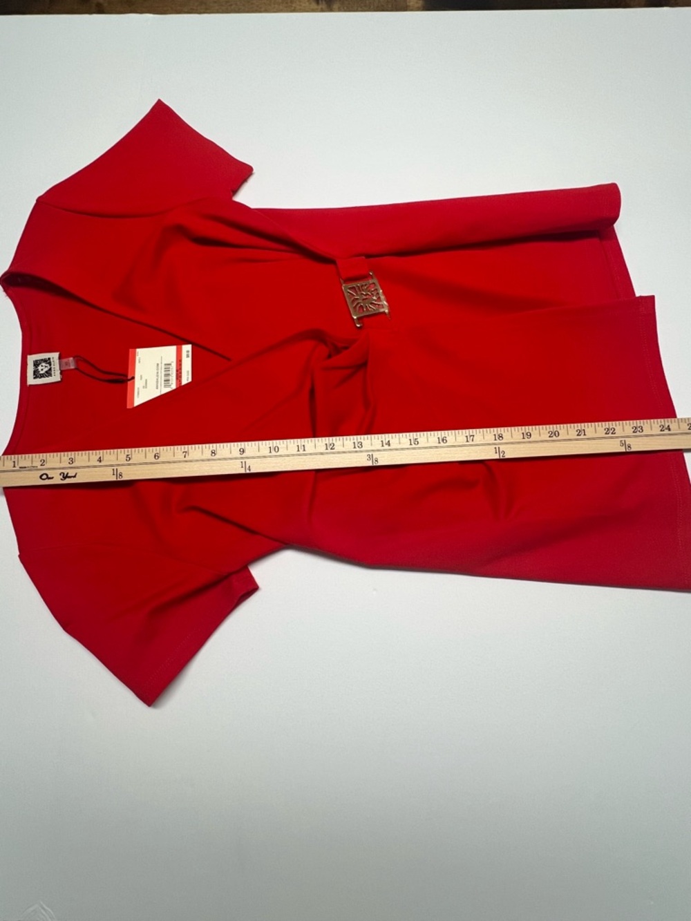 ANNE KLEIN Red Wrap Top XS NWT Gold Buckle Stretch Knit Blouse Career Classic - Picture 9 of 10